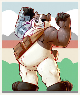 1_eye anthro anthrofied bandolier cybernetics disability eye_patch eyewear featureless_crotch flexing fupa grin machine male male_anthro musclegut muscular naturally_censored overweight overweight_anthro overweight_male pecs prosthetic prosthetic_arm prosthetic_limb smile solo y0ku_drake cartoon_network mao_mao:_heroes_of_pure_heart badgerclops badger cyborg mammal mustelid musteline absurd_res digital_media_(artwork) digital_painting_(artwork) hi_res painting_(artwork)