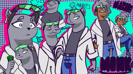 anthro breasts clothed clothing dark_body dark_skin detailed_background ear_piercing ear_ring eyewear female fur gesture green_eyes grey_body grey_fur group hair money overcoat piercing ring_piercing smile smug suggestive suggestive_gesture topwear dicenslices brand_new_animal studio_trigger marie_itami human mammal mink mustelid musteline true_musteline 16:9 2020 absurd_res hi_res widescreen