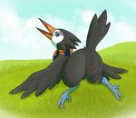 ambiguous_gender animal_genitalia avian_butt big_butt butt butt_focus cloaca feet feral genitals grass looking_back outside plant presenting presenting_hindquarters raised_tail scarf simple_background smile solo tail talons thick_thighs toes wings kakithefox nintendo pokemon jake_(jakethetrumbeak) avian bird generation_7_pokemon pokemon_(species) trumbeak hi_res