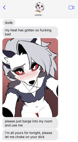 alternative_fashion anthro begging begging_for_sex blush body_blush bottomless bottomless_anthro bottomless_female clothed clothing crop_top female fur genitals goth grey_hair hair in_heat long_hair looking_at_viewer red_eyes red_sclera selfie sexting shirt sitting solo text texting topwear vulva vulva_blush white_body white_fur remesh hellaverse helluva_boss mythology loona_(helluva_boss) canid canid_demon canine demon hellhound mammal mythological_canine mythological_creature digital_drawing_(artwork) digital_media_(artwork)