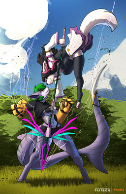anthro armor big_breasts black_hair blade bottomwear breasts clothing duo female fight fishnet_clothing fur gauntlets gloves grass green_hair hair handwear hoodie hotpants melee_weapon navel non-mammal_breasts non-mammal_navel pink_hair plant polearm power_fist purple_body purple_eyes purple_skin shorts shrub sky smile smirk spear tail tail_blade thick_thighs topwear under_boob weapon weapon_tail white_body white_fur wide_hips yellow_eyes feretta aquatic canid canine fish fox mackerel_shark mammal shark thresher_shark absurd_res hi_res