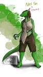 9:16 anthro argonian brown_hair clothing container cup female green_body green_scales hair hi_res horn lotuschild microsoft nel-tei_(golddrake) paint_splatter poor scales scalie sign solo tail text the_elder_scrolls torn_clothing
