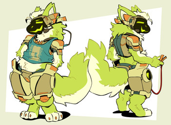 anthro barefoot big_tail biped border claws clothed clothing cybernetics digitigrade electronics feet fluffy fluffy_tail fur green_body green_fur headgear headphones headset looking_at_viewer looking_back looking_back_at_viewer machine male multicolored_body multicolored_fur multiple_poses pose rear_view shirt simple_background smile solo standing tail tank_top three-quarter_view topwear tuft two_tone_body two_tone_fur white_body white_border white_fur wire raymodule 6502_processor sowiesoso protogen 2024 digital_drawing_(artwork) digital_media_(artwork) hi_res