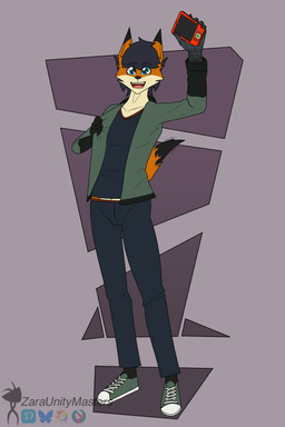 anthro black_body black_clothing black_fur black_jacket black_topwear blue_bottomwear blue_clothing blue_eyes blue_pants blue_shirt blue_tank_top blue_topwear bottomwear clothing codescanner countershading electronic_device fluffy fluffy_tail footwear fur green_clothing green_footwear green_jacket green_shoes green_topwear holding_object jacket male no_shading open_mouth orange_body orange_fur pants prosthetic prosthetic_arm prosthetic_limb purple_background robot_arm shirt shoes simple_background smile sneakers solo tail tan_body tan_countershading tan_fur tank_top teeth topwear white_sclera zaraunitymasters chaotic rokus_(zaraunitymasters) canid canine fox mammal 2:3 hi_res
