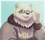 anthro blush clothing eyewear fur glasses hoodie humanoid_hands kemono male one_eye_closed simple_background slightly_chubby solo text text_on_clothing text_on_hoodie text_on_topwear tongue tongue_out topwear white_body white_fur wink shimo_kawa vtuber jugo_kumagai bear mammal polar_bear ursine 2021 hi_res