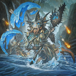 angry arrow_(weapon) blue_eyes duo elemental_manipulation fin fire_arrow holding_object holding_staff magic male membrane_(anatomy) open_mouth outside partially_submerged plant ranged_weapon river split_form staff tree water water_manipulation waterfall weapon webbed_hands justin_gerard hasbro magic:_the_gathering wizards_of_the_coast sygg_(magic:_the_gathering) aquatic merfolk 1:1 hi_res official_art