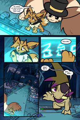 5_panel_comic ambiguous_gender biped black_cape black_clothing black_eyes black_nose black_text bodily_fluids brown_body brown_fur brown_hair cape clothing detailed_background dialogue eye_patch eyebrows eyelashes eyewear feral fur gameplay_mechanics glowing group gui hair hat headgear headwear health_bar inner_ear_fluff looking_back monocle motion_lines one_eye_obstructed page_number pawpads paws pupils purple_eyes purple_scarf quadruped scard scarf sharp_teeth speech_bubble sweat sweatdrop talking_to_another teeth text toony top_hat translucent translucent_hair trio tuft tusks white_sclera wounded virmir nintendo pokemon pokemon_mystery_dungeon spike_chunsoft virmir_(character) zinc_(zincxiron) eevee furret generation_1_pokemon generation_2_pokemon legendary_pokemon mewtwo pokemon_(species) 2026 absurd_res comic english_text hi_res signature