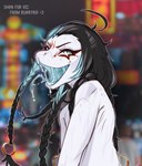 anthro black_hair blue_eyes blue_hair_tips blue_tongue blurred_background bodily_fluids clothed clothing fangs forked_tongue hair long_braid long_hair looking_at_viewer male naughty_face open_mouth saliva saliva_string solo teeth text tongue topless topless_anthro topless_male white_snake burryro shen_(vic_johansen) reptile scalie snake 2023 artist_name english_text hi_res