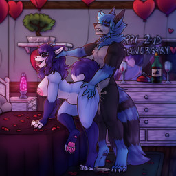 anniversary anthro blue_body blue_fur bodily_fluids claws cum cum_drop cum_inflation cum_inside doggystyle duo feet female from_behind_position fur genital_fluids hair hand_in_butt hand_in_hair hindpaw inflation male male/female mirror mirror_reflection nipple_piercing nipples paws piercing reflection romantic romantic_sex saliva sex teeth tongue tongue_out touching_hair danny_panny_pie canid canine canis mammal wolf 1:1 hi_res