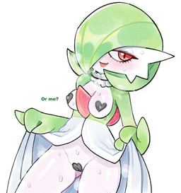 blush blush_lines bodily_fluids breasts camel_toe chest_spike dialogue eyelashes female front_view green_body green_hair hair heart_pasties looking_at_viewer maebari nipple_piercing nipples nude pasties piercing pupils red_eyes short_hair simple_background slit_pupils solo spikes spikes_(anatomy) sweat talking_to_viewer text thick_thighs white_background white_body wide_hips 2x_(artist) nintendo pokemon gardevoir generation_3_pokemon humanoid pokemon_(species) hi_res