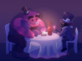 anthro black_body black_fur candlelight clothed clothing container cup dinner_date dinner_table drinking_glass duo fully_clothed fur glass glass_container glass_cup hat headgear headwear kerchief light male male/male neckerchief neckwear pink_body size_difference suit top_hat wine_bottle wine_glass jula's_little_spot undertale_yellow ace_(undertale_yellow) ed_(undertale_yellow) ambiguous_species animal_humanoid humanoid ogre 4:3 hi_res shaded