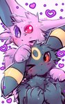 ambiguous_gender anthro black_body black_fur blush blush_lines chest_tuft claws duo forehead_gem fur gem hand_on_head hand_on_shoulder heart_symbol markings one_eye_closed paws purple_body purple_eyes purple_fur red_eyes ring_(marking) simple_background tuft maimoonrabbit nintendo pokemon eeveelution espeon generation_2_pokemon pokemon_(species) umbreon 2023 hi_res signature