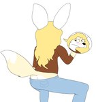 anthro blonde_hair bottomwear brown_eyes butt butt_cleavage clothed clothing crouching embarrassed female fur hair long_hair no_underwear pants solo tan_body naked_penny penny_fenmore canid canine fennec_fox fox mammal true_fox 2024 hi_res sketch