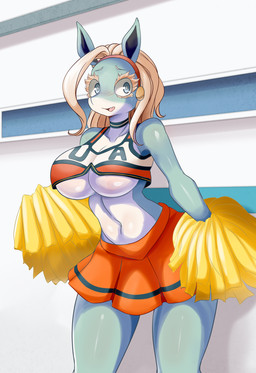 anthro big_breasts biped black_inner_ear blonde_eyebrows blonde_eyelashes blonde_hair blue_eyes blush blush_lines bottomwear breasts cheerleader cheerleader_outfit clothed clothed_anthro clothed_female clothing collarbone countershading crop_top cute_fangs eyebrows eyelashes fangs female female_anthro glistening glistening_eyes hair looking_aside multicolored_body navel open_mouth pom_poms pupils red_hairband shirt skirt snout solo standing teal_body teal_ears teeth topwear two_tone_body under_boob white_body white_pupils white_sclera lucyfercomic my_hero_academia ippan_josei mammal quirked_human_(my_hero_academia) 2021 digital_media_(artwork) hi_res portrait three-quarter_portrait