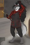 anthro black_hair clothed clothing face_shield female hair looking_at_viewer mask open_mouth solo welding_apron welding_mask welding_torch workshop pig_(artist) canid canine canis mammal wolf 2021 absurd_res digital_media_(artwork) hi_res