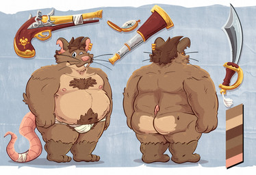 anthro brown_body brown_fur butt clothing ear_piercing ear_ring fur male moobs nipples overweight overweight_male piercing pink_nose pirate ring_piercing solo standing underwear weapon 06junior11 mammal murid murine rat rodent 2026 hi_res model_sheet