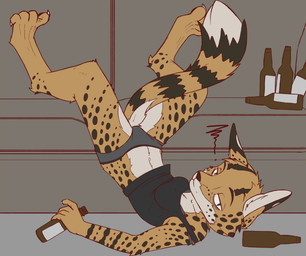 alcohol anthro beverage clothed clothing digitigrade drunk female food looking_at_viewer panties solo substance_intoxication underwear schitzofox felid feline mammal serval 2013