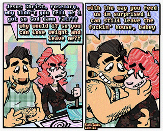 2_panel_comic anthro arm_hair black_hair body_hair chest_hair cigar cigar_in_mouth cigarette cigarette_in_mouth clothing dialogue dress duo female floppy_ears fur hair half-closed_eyes male musclegut muscular narrowed_eyes object_in_mouth pink_body pink_fur pink_hair shirt shoulder_hair smile smoking_tobacco speech_bubble stubble tank_top text topwear wide_eyed yellow_body yellow_fur rawdawgcomics cataldo_(rawdawgcomics) rosemary_(rawdawgcomics) bird_dog canid canine canis domestic_dog golden_retriever hunting_dog mammal retriever 5:4 comic english_text