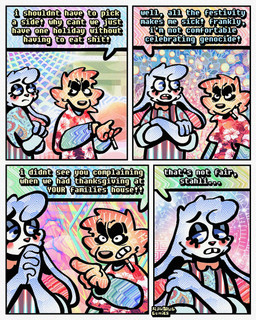 4_panel_comic aloha_shirt anthro bow_tie cheek_spots cheek_tuft cigarette cigarette_in_mouth clothing dialogue duo ears_down facial_tuft floppy_ears fur half-closed_eyes male narrowed_eyes object_in_mouth overalls pattern_clothing pattern_shirt pattern_topwear pivoted_ears shirt smoking_tobacco speech_bubble teeth text tooth_gap topwear tuft white_body white_fur yellow_body yellow_fur rawdawgcomics bingus_(rawdawgcomics) stahli_(rawdawgcomics) bird_dog canid canine canis domestic_dog golden_retriever hunting_dog lagomorph leporid mammal rabbit retriever 4:5 comic english_text hi_res
