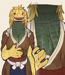 anthro areola areola_slip barely_visible_areola big_breasts biped breasts brown_eyes claws cleavage clothed clothing female finger_claws grey_body grey_scales looking_at_viewer open_mouth open_smile scales seductive simple_background smile smiling_at_viewer solo white_background yellow_body yellow_scales yolabayola1 capcom monster_hunter fanged_wyvern great_jagras 2026 digital_drawing_(artwork) digital_media_(artwork) hi_res