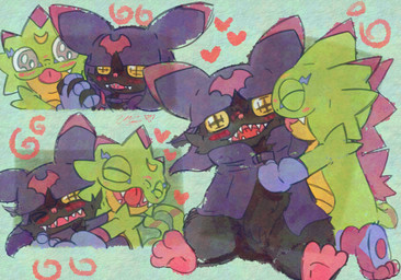 anthro black_body black_fur blep blush cloak clothing cowl digimorph duo fur heart_symbol kissing_cheek male male/male pupils sharp_teeth smile teeth tongue tongue_out unusual_pupils wings yellow_eyes yogurtpubes bandai_namco digimon digimon_beatbreak chiropmon digimon_(species) gekkomon absurd_res hi_res