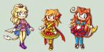 anthro blue_eyes bow_(weapon) clothing dress female flower fur group hair orange_body orange_fur plant ponytail ranged_weapon red_eyes weapon yellow_body yellow_fur dj-mewmew sega sonic_the_hedgehog_(series) sonichu_(series) crystalina_rosechu fan_character saramah_rosechu sunny_rosechu eulipotyphlan hedgehog hybrid mammal in_hair