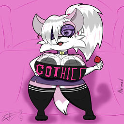 alternative_fashion anthro big_breasts bottomwear breasts choker clothing condom ear_piercing ear_ring eyewear fishnet_clothing freckles fur glasses goth gynomorph hair heart_eyes heart_symbol holding_condom holding_object huge_breasts intersex jewelry legwear lipstick looking_at_viewer makeup miniskirt necklace piercing pink_body pink_fur pose ring_piercing sexual_barrier_device shortstack shortstack_gynomorph shortstack_intersex skirt solo text text_on_clothing text_on_topwear thick_thighs thigh_highs tongue tongue_out topwear tube_top white_body white_fur white_hair nohmad winter_(nohmad) canid canine fox mammal 1:1 digital_media_(artwork) hi_res