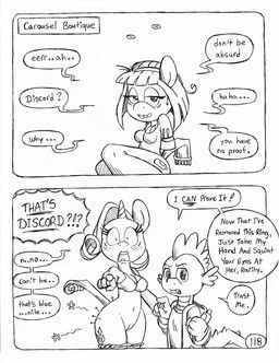 2_horns anthro blush blush_lines bodily_fluids bound boutique bra clothed clothed_anthro clothed_female clothed_male clothing clothing_around_legs cutie_mark dialogue disguise eyelashes fangs female fully_clothed fully_clothed_anthro fully_clothed_female fully_clothed_male genitals gesture group hand_gesture hands_behind_back hands_tied hands_tied_behind_back hoodie horn horn_jewelry horn_ring inhibitor_ring jacket jewelry magic_inhibitor magic_suppression male multi_horn pain panties panties_around_legs panties_down partially_clothed partially_clothed_anthro partially_clothed_female pointing pointing_at_another ring_(jewelry) sewing_needle shocked speech_bubble spikes sweat sweatdrop teeth text text_box topwear trio underwear underwear_around_legs underwear_down vulva yelling circe_(artist) friendship_is_magic hasbro my_little_pony mythology blue_nile_(mlp) discord_(mlp) rarity_(mlp) spike_(mlp) dragon earth_pony equid equine horse mammal mythological_creature mythological_equine mythological_scalie pony scalie unicorn black_and_white comic english_text monochrome traditional_media_(artwork)