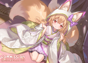 2_tails asian_clothing blonde_hair clothing east_asian_clothing female furgonomics hair hood japanese_clothing kimono kneeling looking_at_viewer multi_tail obi pigtails red_eyes solo tail young young_female young_humanoid cloneko_(zelmeledf2) animal_humanoid canid canid_humanoid canine canine_humanoid fox_humanoid humanoid mammal mammal_humanoid 2026 hi_res