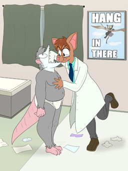 anthro barefoot black_body blue_dress_shirt blue_necktie blue_sky bottomwear briefs briefs_only brown_body brown_clothing brown_footwear brown_fur brown_hair brown_shoes cabinet claws clothed clothing coat curtains disinterested doctor's_coat doctor's_office duo feet floor footwear foxway fully_clothed fur grey_bottomwear grey_clothing grey_curtain grey_hair grey_pants hair half-closed_eyes hand_on_chest inside looking_up male medical_checkup monotone_briefs monotone_clothing monotone_underwear motivational_poster narrowed_eyes necktie nipples overweight overweight_male pants pawpads pierce_(thedc) pink_nose pink_pawpads poster reaching_inside_mouth shoes sky sound_effects standing text tighty_whities tongue tongue_out toony topless topwear underwear underwear_only white_briefs white_clothing white_coat white_text white_topwear white_underwear drfoxweyman american_opossum bat domestic_cat felid feline felis mammal marsupial english_text hi_res