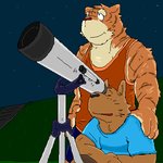 anthro bottomwear brown_body brown_fur clothing duo fur humanoid_hands kemono male night outside shirt shorts telescope topwear himachi canid canine canis domestic_dog felid mammal pantherine tiger 1:1 2006 archived_source digital_media_(artwork) low_res oekaki