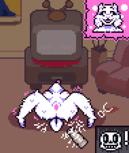 anthro anus bodily_fluids breasts dildo drunk expression_avatar female fluids_on_ground fur genitals head_tilt orgasm sex_toy shaking_orgasm solo spread_legs spreading substance_intoxication sweat tail tongue tongue_out vulva hantanyaw44 deltarune undertale_(series) sans_(undertale) toriel toriel_(deltarune) bovid caprine goat mammal 2026 digital_media_(artwork) hi_res