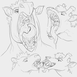 anthro bodily_fluids drooling fangs french_kissing group hair in_mouth kissing looking_up male male_anthro male_pred male_prey mouth_play mouth_shot narrowed_eyes on_tongue open_mouth oral_vore saliva saliva_string short_hair simple_background slim_anthro slim_male smile teeth tongue trio vore wavy_mouth swampjaws canid canine giraffe giraffid hyracodontid mammal paraceratherium prehistoric_species rhinoceros 1:1 hi_res monochrome