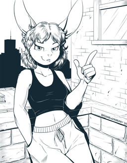 anthro bottomwear clothing crop_top female looking_at_viewer navel pants rooftop shirt solo sweatpants tank_top topwear brian_mcpherson ayra lagomorph leporid mammal rabbit 2025 black_and_white hi_res monochrome