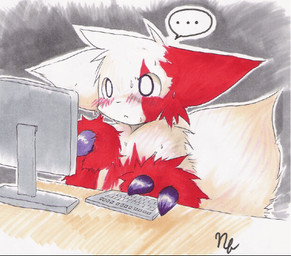 ambiguous_gender blush claws computer computer_keyboard desk electronics ellipsis fur furniture markings monitor red_markings solo table white_body white_fur sillyzangy_(artist) nintendo pokemon generation_3_pokemon pokemon_(species) zangoose 2012 signature