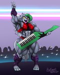 abs anthro audience biceps big_muscles bottomwear camera_flash clothing colored_nails devil_horns_(gesture) ear_piercing ear_ring facial_markings female forearm_muscles fur gesture green_hair grey_body grey_fur grey_hair group hair hand_gesture head_markings hotpants huge_muscles hyper hyper_muscles keyboard_instrument keytar leggings legwear lipstick looking_at_viewer makeup markings multicolored_hair muscular muscular_female muscular_thighs musical_instrument nails pecs piercing quads ring_piercing serratus shorts solo teeth tongue tongue_out triceps two_tone_hair yellow_eyes e4hargus five_nights_at_freddy's five_nights_at_freddy's:_security_breach scottgames steel_wool_studios roxanne_wolf canid canine canis mammal wolf 4:5 hi_res signature