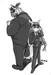 anthro beard clothing duo eyewear facial_hair hair long_hair male necktie size_difference suit sunglasses topknot chuurow lifewonders tokyo_afterschool_summoners tanetomo_(tas) yasuyori_(tas) canid canine canis domestic_dog mammal absurd_res hi_res monochrome