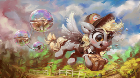 16:9 2020 assasinmonkey blush box bubble clothing derpy_hooves_(mlp) detailed_background digital_media_(artwork) digital_painting_(artwork) equid equine eyebrows eyelashes fence feral flying friendship_is_magic hat headgear headwear hi_res mammal my_little_pony open_mouth outside pegasus rope solo widescreen wings