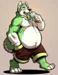 anthro belly bottomwear canid canine canis clothed clothing dessert domestic_dog food fur green_body green_fur hi_res husky ice_cream male mammal neodokuro nipples nordic_sled_dog pants simple_background solo spitz teeth tongue topless