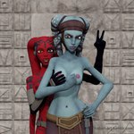 1:1 3d_(artwork) aayla_secura alien alien_humanoid annoyed areola blue_body blue_skin breasts brown_eyes clothed clothing darth_talon digital_media_(artwork) duo female female/female habariart humanoid lightsaber looking_at_viewer melee_weapon navel nipples purple_areola purple_nipples red_body red_nipples red_skin standing star_wars tattoo topless twi'lek weapon