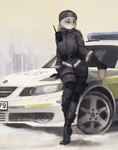 anthro beanie beverage boots car city clothing coffee electronics female footwear fur gloves grey_body grey_fur handwear hat headgear headwear knee_pads long_ears police police_car police_vehicle radio shoes snow solo vehicle wavei disney zootopia judy_hopps lagomorph leporid mammal rabbit hi_res