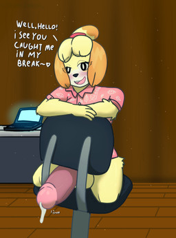 anthro blush chair clothing computer electronics furniture genitals greeting gynomorph intersex laptop penis solo talking_to_viewer text topwear chromer_exe animal_crossing nintendo isabelle_(animal_crossing) canid canine canis domestic_dog mammal shih_tzu toy_dog english_text hi_res