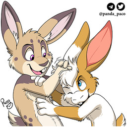 anthro blue_eyes brown_body brown_fur cheek_tuft chest_tuft clothed clothing duo facial_tuft fur hair head_tuft male one_eye_closed open_mouth open_smile purple_eyes red_inner_ear short_hair side_view simple_background smile tan_body tan_fur tuft white_background white_body white_fur white_hair young young_anthro young_male pandapaco pique rabidrabbit56 lagomorph leporid mammal rabbit 1:1