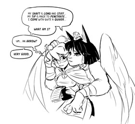 anthro blush clothed clothing dialogue duo ear_piercing ear_ring eyelashes eyeshadow eyewear female female_human feral flustered glasses hand_on_head inner_ear_fluff makeup note_pad piercing ring_piercing text tuft wings spicymancer mythology eclair_(spicymancer) felid human mammal mythological_creature mythological_sphinx english_text hi_res monochrome