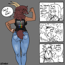 3_eyes 5_fingers big_breasts black_clothing black_sclera black_shirt black_topwear blue_bottomwear blue_clothing blue_jeans blue_pants bodily_fluids bottomwear breasts breath brown_body brown_fur brown_hair butt cleavage clothed clothing denim denim_bottomwear denim_clothing dialogue duo eyelashes eyewear fangs female fingers fur gasp gesture glasses grey_background hair halo hand_gesture hand_on_hip horizontal_pupils horn hypocrite jeans lgbt_pride looking_at_another looking_away multi_eye pants pointing pointing_at_self pride_colors pupils rear_view religion round_glasses shirt shocked simple_background snout solo_focus speech_bubble sweat sweatdrop tail tattoo teeth text topwear wide_hips yellow_eyes kaibootsu buddhism lgbt_pride_month baphomet_(deity) angel bodhisattva bovid caprine caprine_demon deity demon goat_demon humanoid mammal 1:1 2023 comic english_text hi_res signature