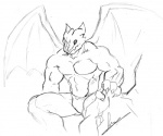 anthro biped claws clothing fangs horn looking_at_viewer male membrane_(anatomy) membranous_wings muscular muscular_anthro muscular_male sitting solo speedo spread_legs spreading swimwear teeth wings timberwolfmax bandai_namco digimon mythology xbuimonsama digimon_(species) dragon exveemon mythological_creature mythological_scalie scalie 6:5 black_and_white monochrome sketch