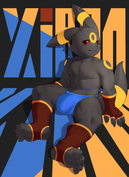 abs anthro biped black_body bulge clothing detailed_bulge looking_aside male male_anthro musclare sitting solo furry_xiron nintendo pokemon eeveelution generation_2_pokemon pokemon_(species) umbreon hi_res