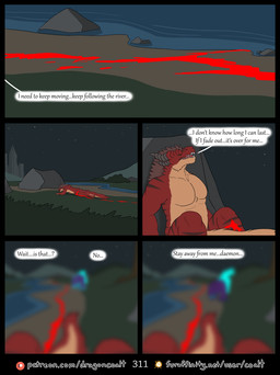 5_panel_comic against_natural_surface against_rock against_surface anthro black_horn black_stripes blood blood_on_ground blood_on_leg blood_trail blurred_vision bodily_fluids brown_hair crawling dialogue first_person_view fur hair horn male nude outside page_number patreon_logo pecs red_body red_fur river solo speech_bubble stripes tail text wounded rimentus mythology patreon coalt dragon furred_dragon furred_scalie mythological_creature mythological_scalie scalie wingless_dragon comic english_text hi_res multiple_scenes url