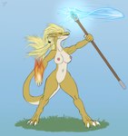 ahoge anthro breasts female fire genitals hair magic mane nude ponytail pussy solo staff standing thick_thighs whiskers testowepiwko drashka_(testowepiwko) absurd_res hi_res