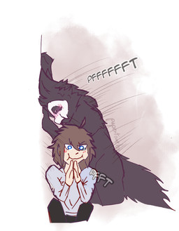 anthro black_body black_fur black_sclera blue_eyes blush blush_lines bodily_fluids bone bone_mask bottomwear brown_hair clothing duo fluffy fluffy_tail fur hair laugh male male/male mask motion_lines onomatopoeia shirt shorts simple_background skull skull_mask sound_effects tail tears text topwear white_eyes white_sclera papertowel00 changed_(video_game) lin_(changed) puro_(changed) canid canine canis dark_latex goo_creature human mammal wolf 2025 artist_name hi_res